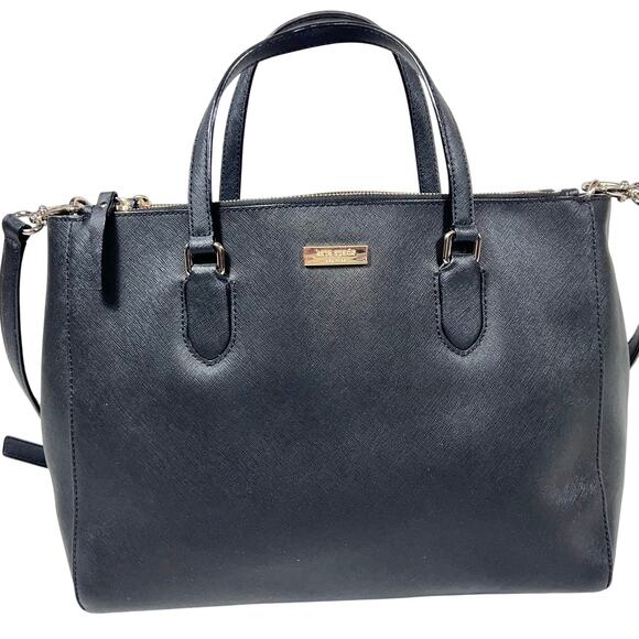 Kate Spade Large Top Handle Bag Black Leather Textured Lined Zip Button Closure - Picture 1 of 15